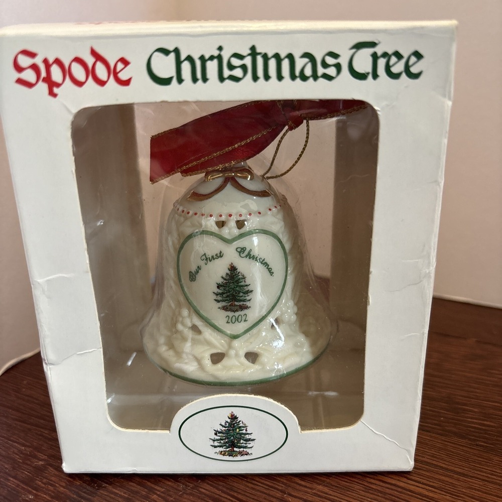 Spode Porcelain Our First Christmas Pierced Bell Ornament 2002 New in Box